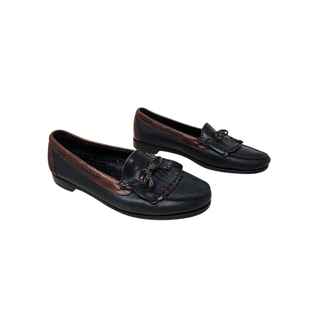 Johnston & Murphy Kiltie Loafers 11 D Mens Black Brown Tassel Leather Moc Toe